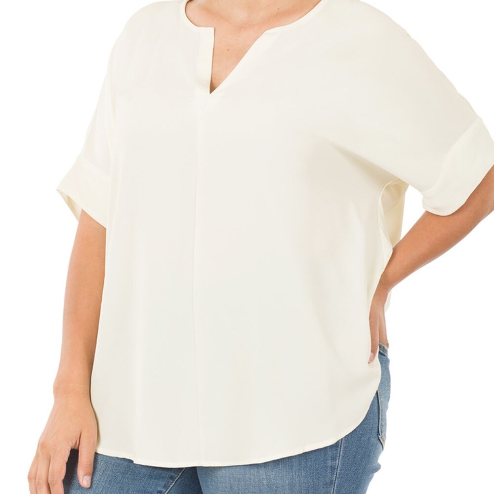 Zenana heavy woven span split neck short sleeve top